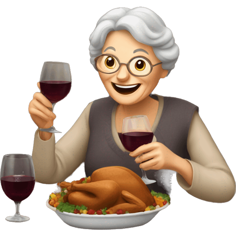 Happy old lady eating thanksgiving dinner holding a glass of red wine emoji