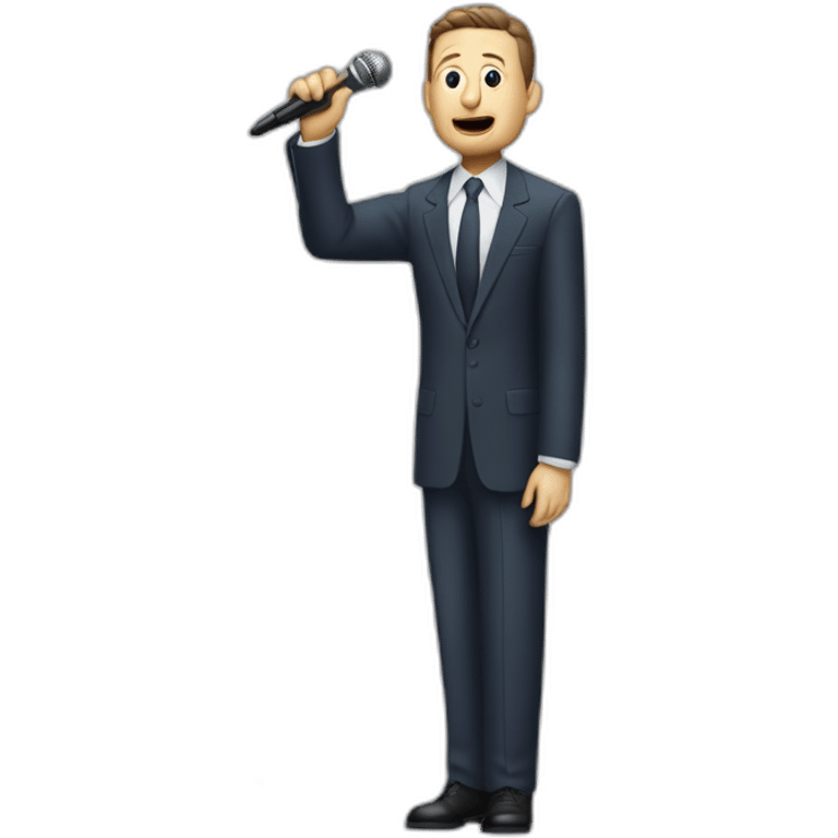 tim robinson in suit singing into microphone stand holding stand (full body, ios17, somber) emoji