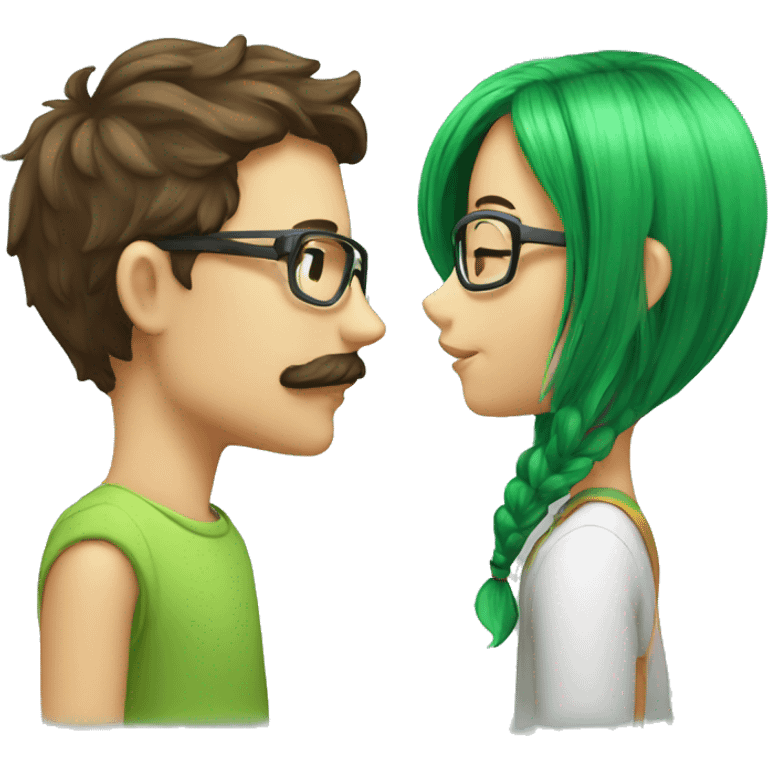 A boy with brown hair and a mustache is kissing a green haired girl wearing glasses emoji