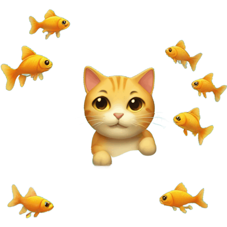 cat in the ocean swimming with gold fish emoji