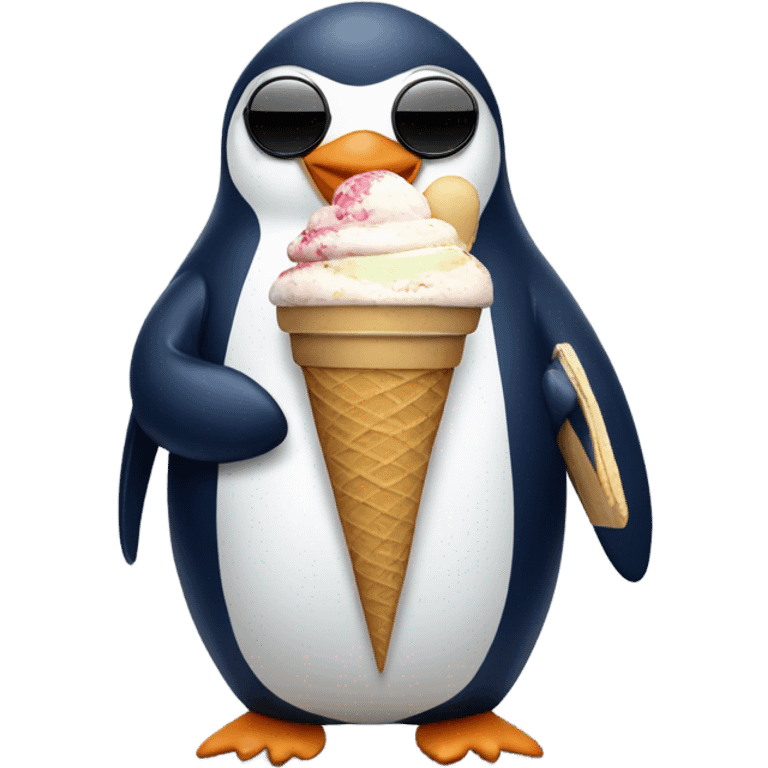 penguin wearing a navy sweater, black jeans, holding an ice cream with sunglasses in its head  emoji