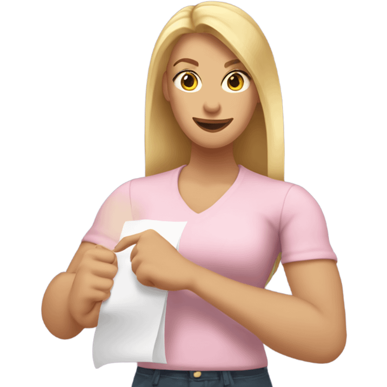 White woman with long blonde hair, wearing a light pink shirt, showing off a completed to do list in one hand, and flexing the muscles in her other arm emoji