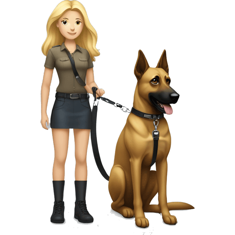 Blonde girl with one Belgian Malinois on a leash power stand emoji