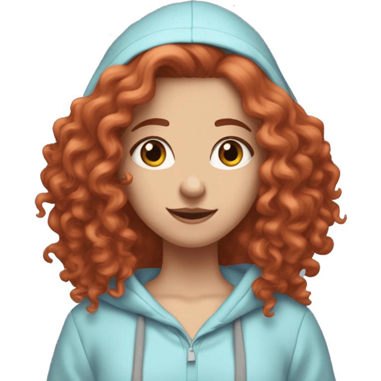 white girl with long red curly hair, wearing a pastel periwinkle hoodie doing a pose emoji