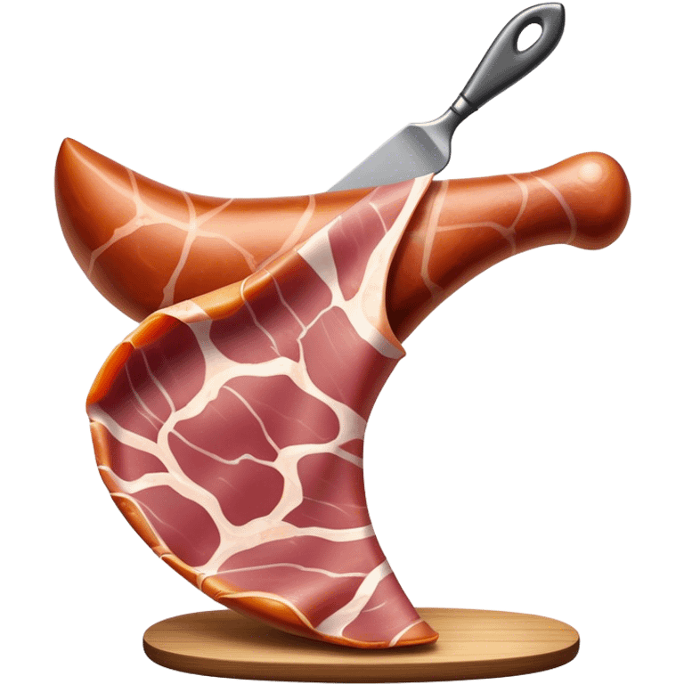 Jamón Serrano Cinematic Realistic Jamón Serrano Dish Emoji, depicted as a prominent leg of cured ham with visible marbling, rendered with rich textures and dynamic, appetizing lighting. emoji