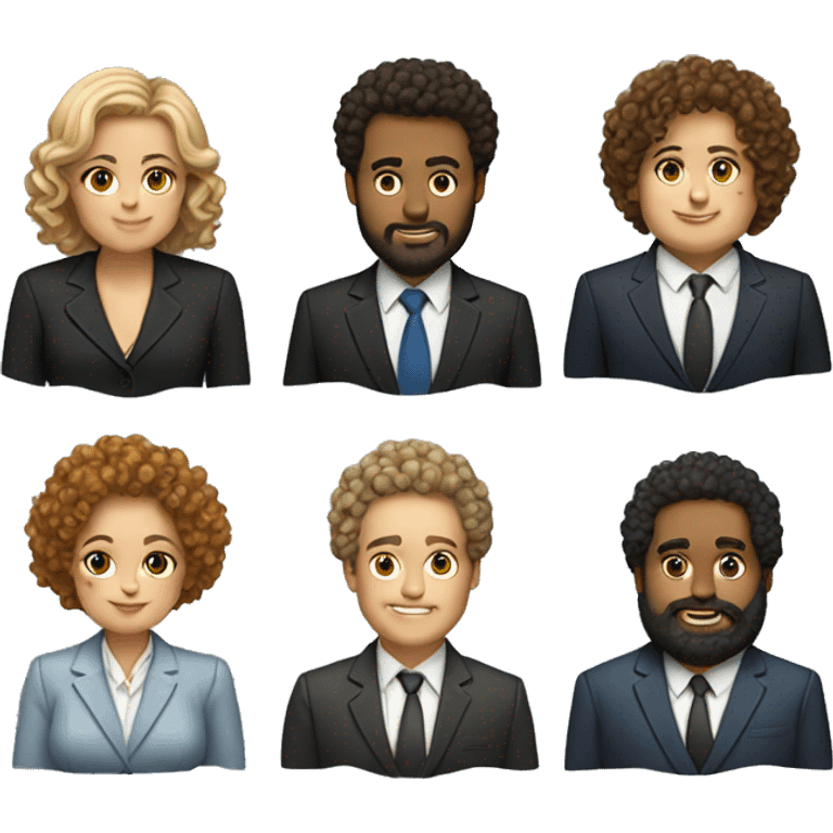 3 men and 4 women sitting on a table wearing suits the women have curly hair and one of the men is fat with a beard and of them is tanned with curly hair emoji