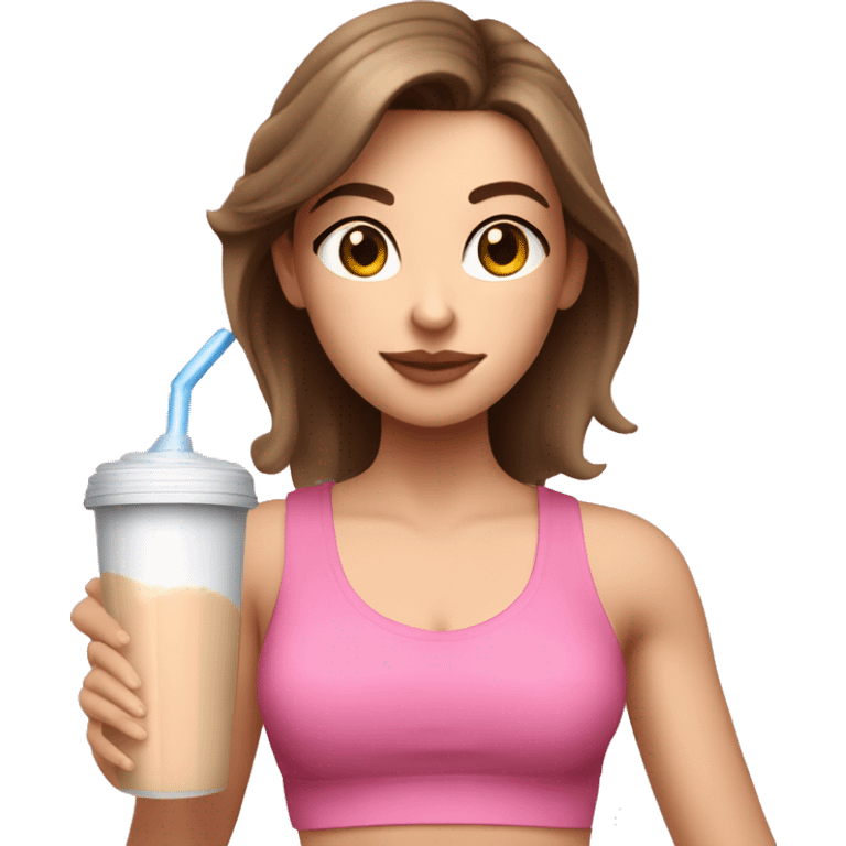 Brown haired white girl in pink croptop drinking protein shake emoji