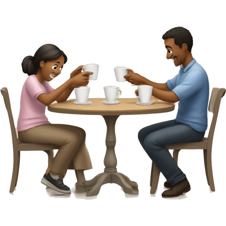 An emoji of a family—mother, father, and child—sitting at a table, playing a cup game with paper cups arranged on the table as they have fun together emoji