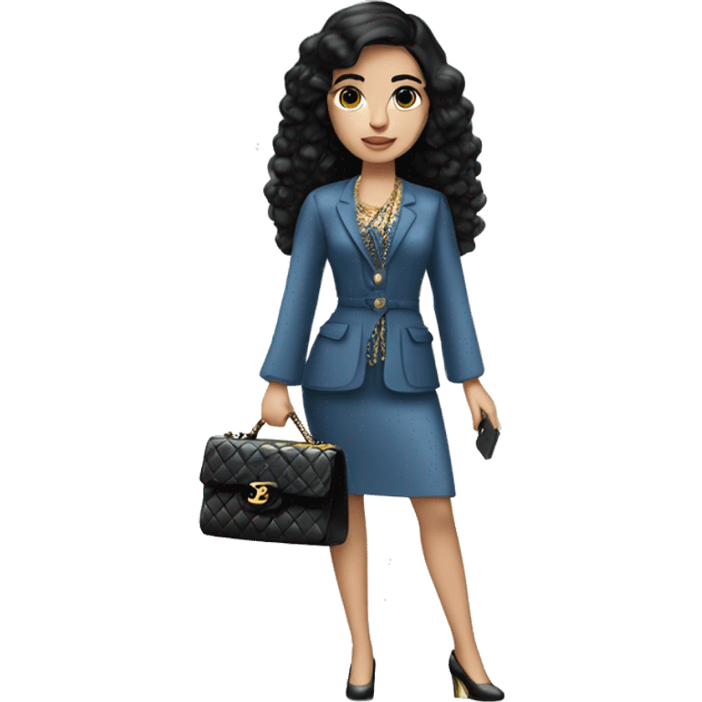 Spanish girl,black hair,blue eyes,standing,fashionably dressed,carrying a chanel bag emoji