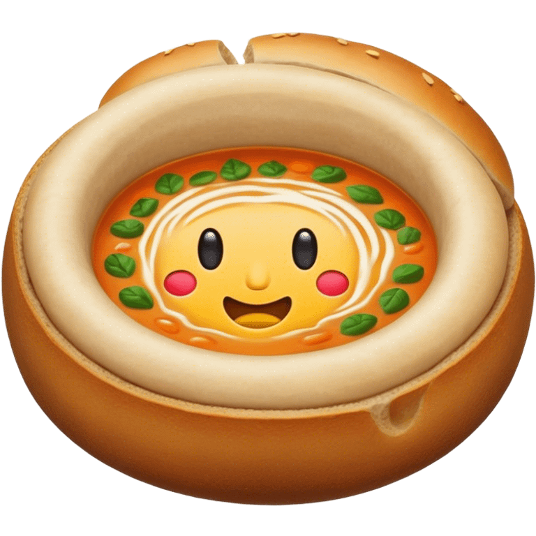 Żurek Cinematic Realistic Żurek Soup Dish Emoji, depicted as a tangy rye soup served inside a hollowed-out round loaf of bread, rendered with rich textures and dynamic, comforting lighting. emoji