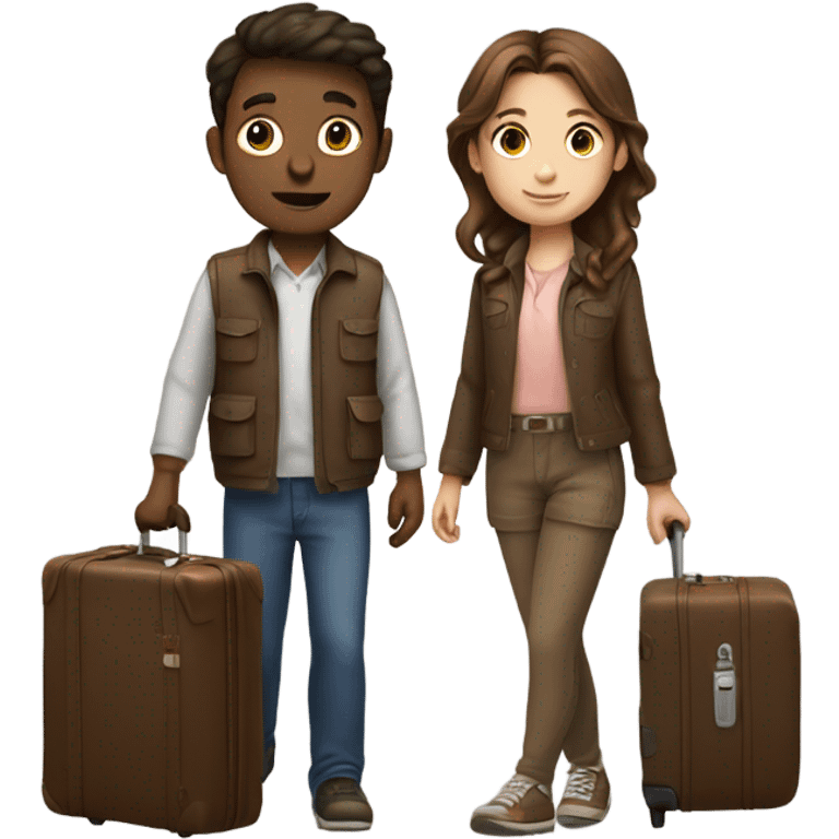 brown hair girl and brown hair boy with suitcase on in their hands emoji