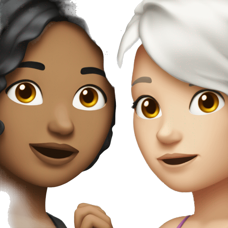 Two lesbian girls blushing at each other. Both have white skin and long black hair. emoji