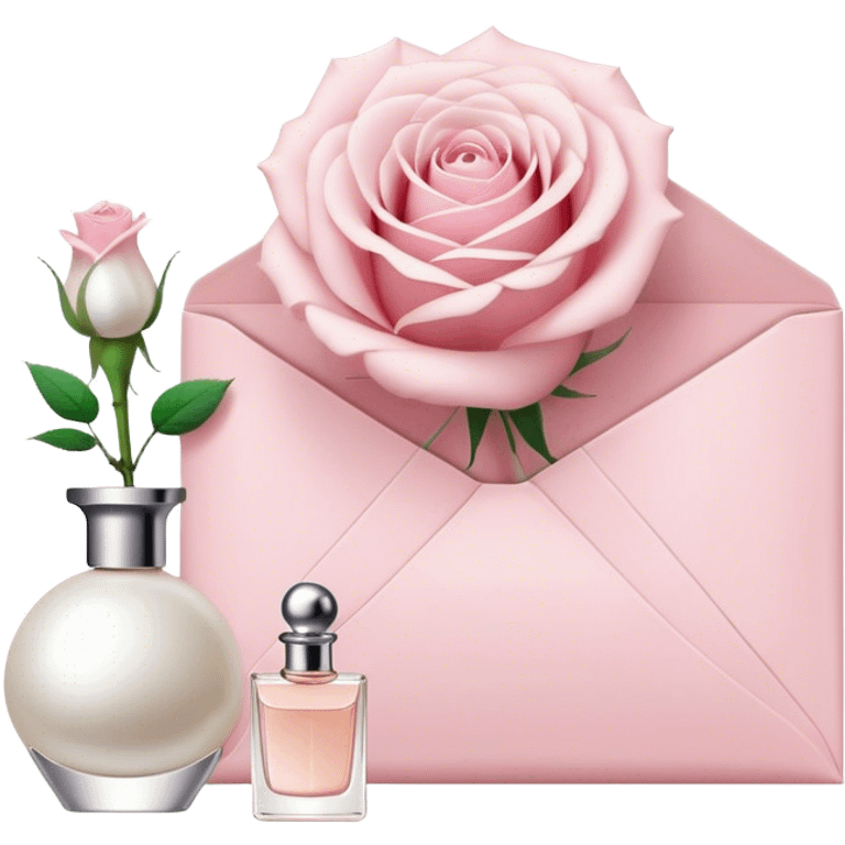 white rose next to a pearl-colored envelope and a flacon of aesthetically pleasing perfume in powder pink  emoji