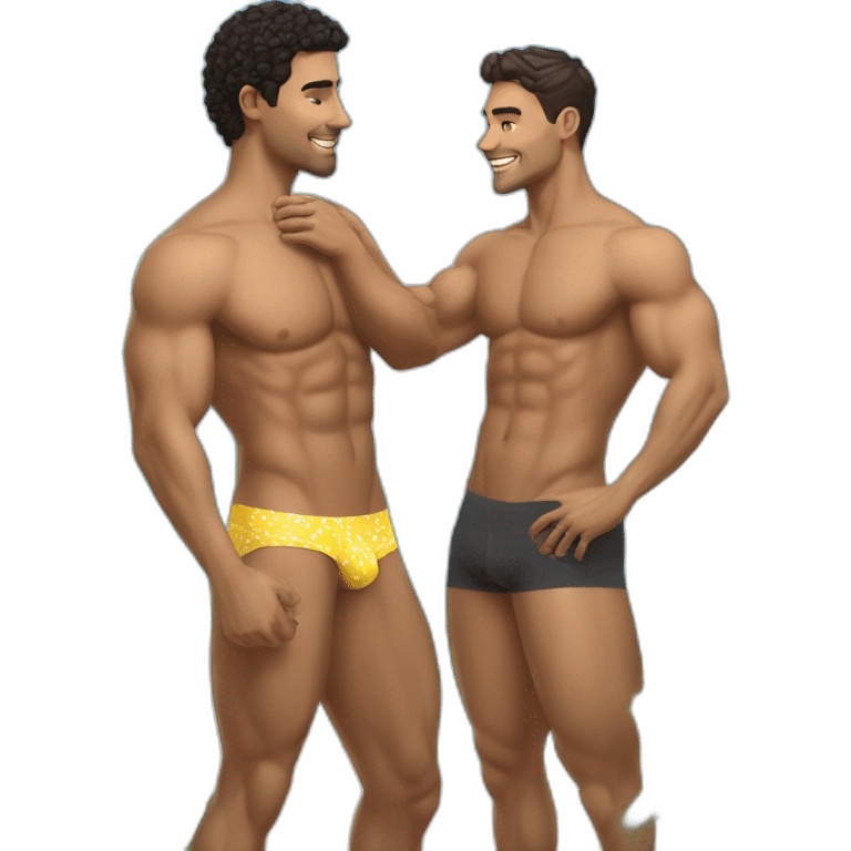 Sexy-fit-pose-Latino-male-and-caucasian-male-interracial-kiss-bikini emoji