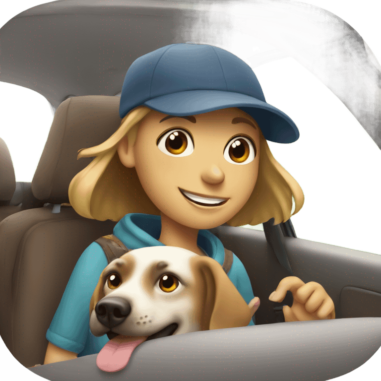 girl smiling in car with dog and mushroom cap emoji