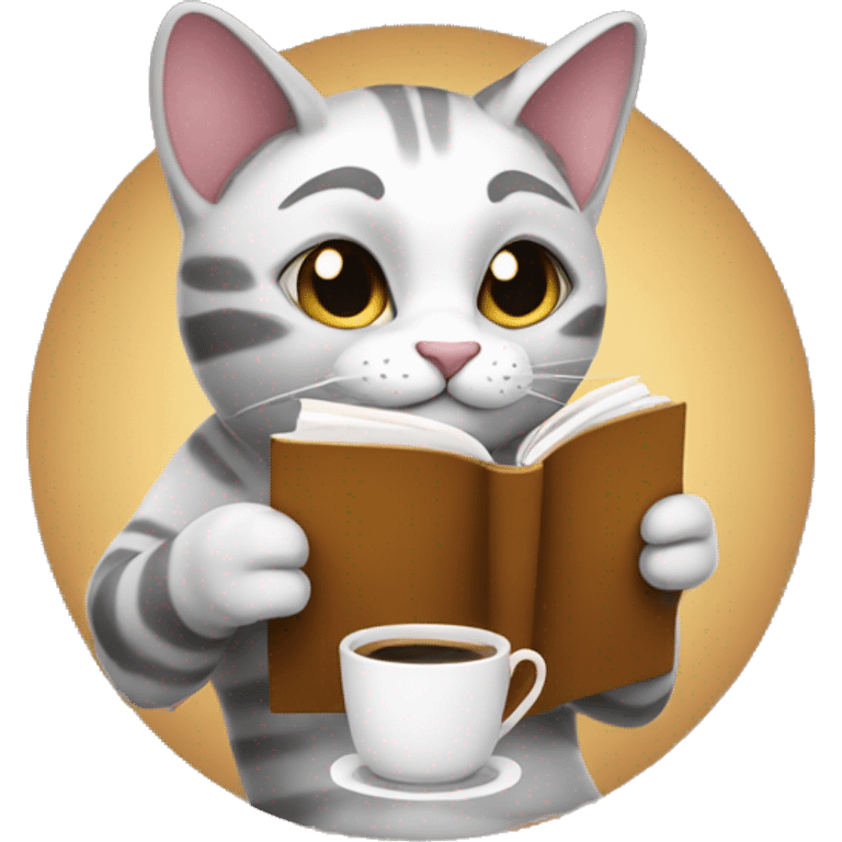 cat holding a cup of coffee and reading a book emoji