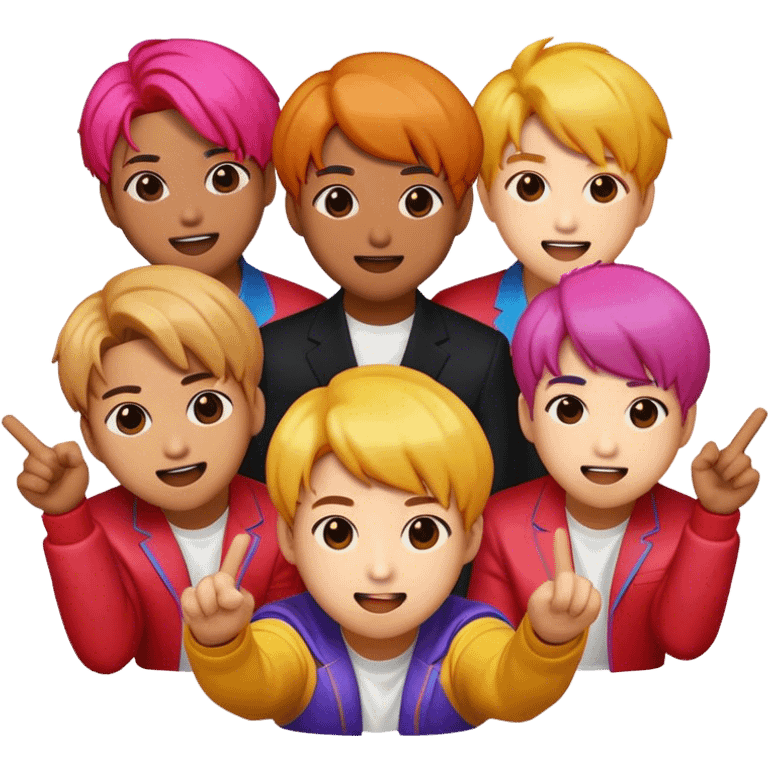 Cinematic Realistic BTS Pop Culture Emoji, featuring a dynamic, energetic portrayal of the acclaimed K-pop group rendered with vibrant textures and energetic, colorful lighting. emoji