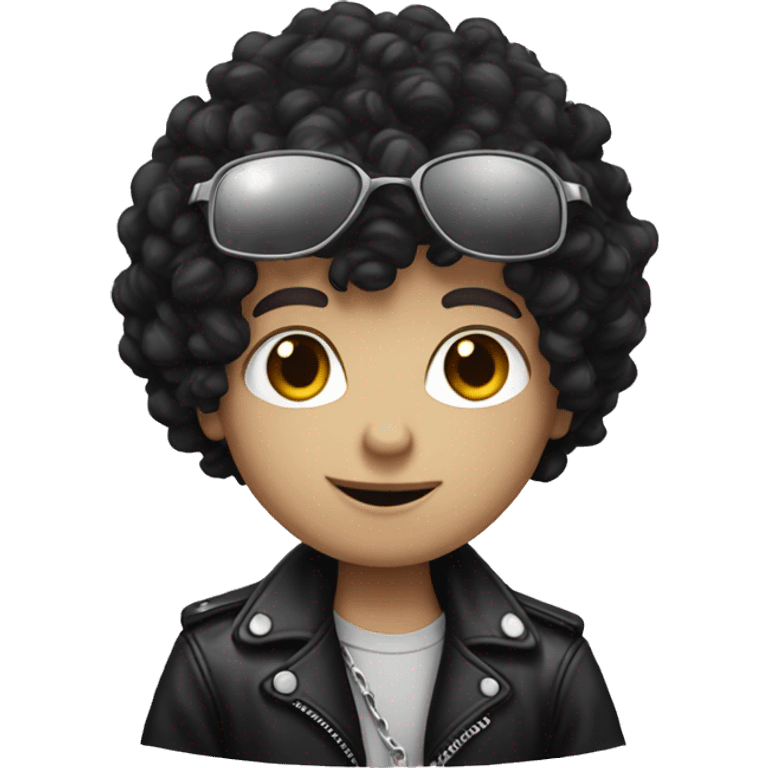 pale boy black curly hair dressed in biker style emoji