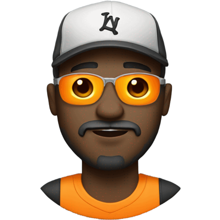 Black man in shades with a goatee, beard, mustache, and orange tee shirt with baseball cap. emoji