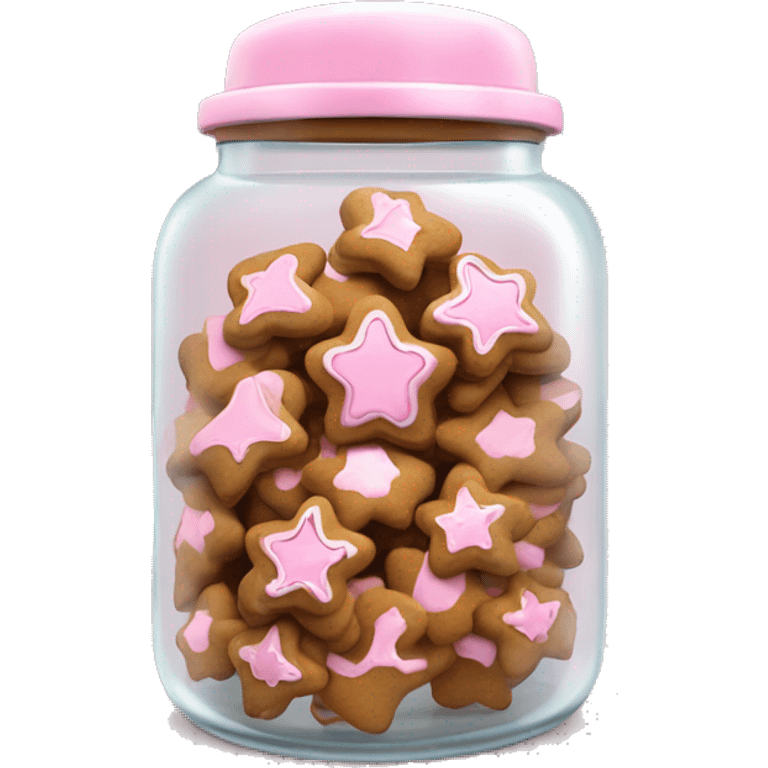 Realistic glass cookie jar with light pink lid full of gingerbread cookies isolated.  emoji