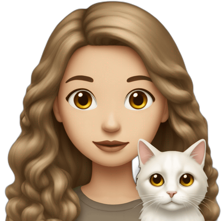 Girl-with-long-brunette-hair-and-cat-angora-beige-and-white emoji