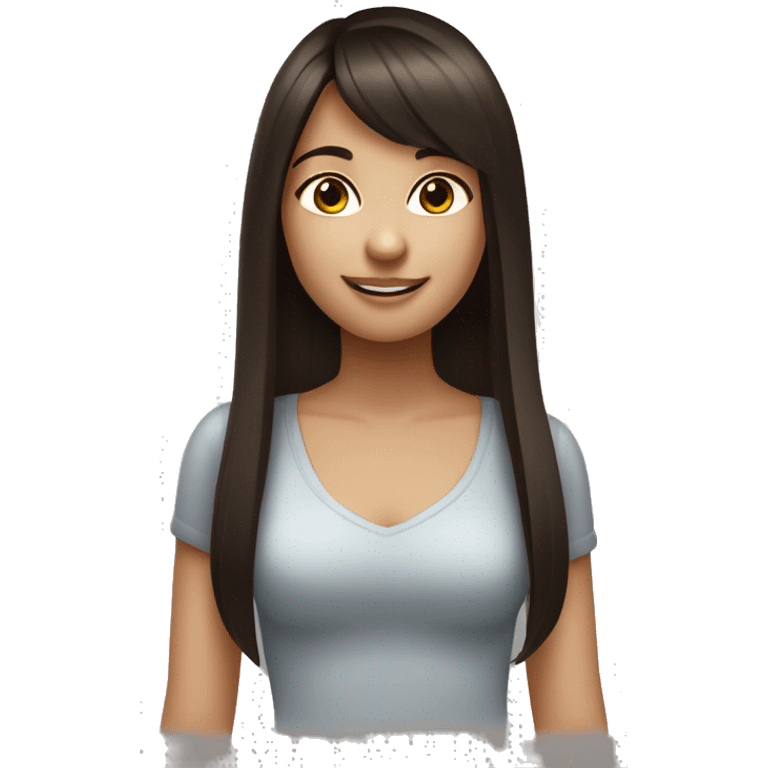 A girl with straight long hair , Dark Brown hair styled in a bang. Fair skin. Dark brown eyes. Smiling naturally. emoji