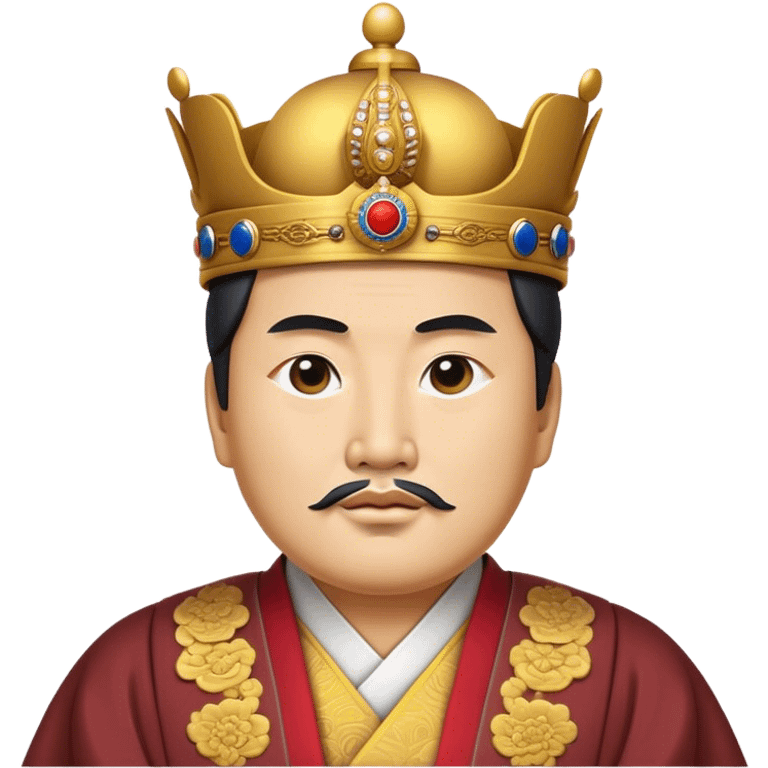 Cinematic Realistic King Sejong Portrait Emoji, depicted as a wise benevolent monarch in traditional Korean royal attire with a thoughtful gaze, rendered with intricate textures and regal soft lighting that captures his historical significance. emoji