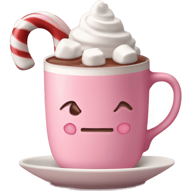 Hot chocolate in a pink mug with a candy cane and marshmallows and whipped cream  emoji