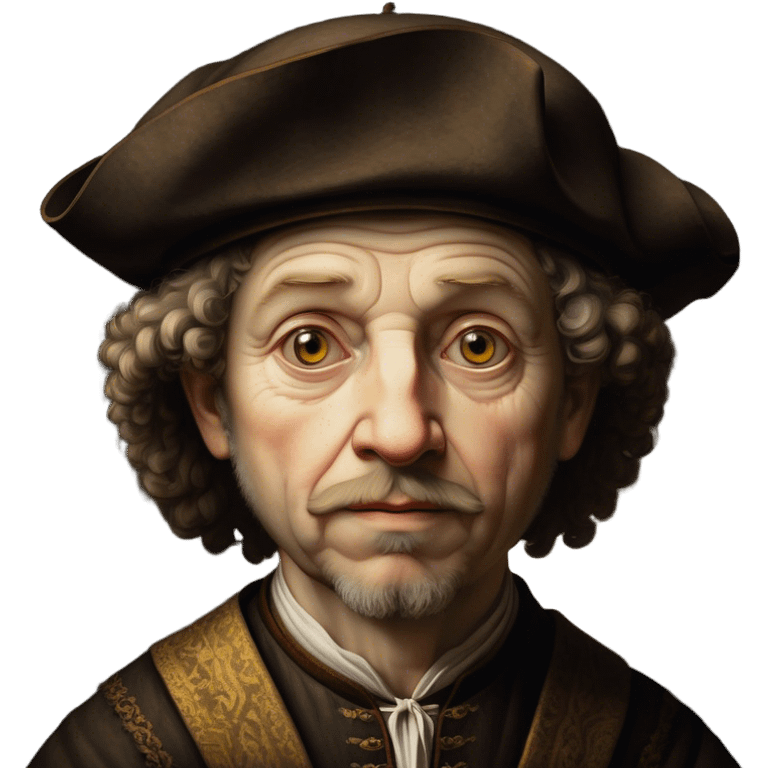 Cinematic Realistic Rembrandt Portrait Emoji, depicted as a master painter with deep reflective eyes and dramatic chiaroscuro, rendered with intricate textures and moody historic lighting that captures his timeless artistry. emoji