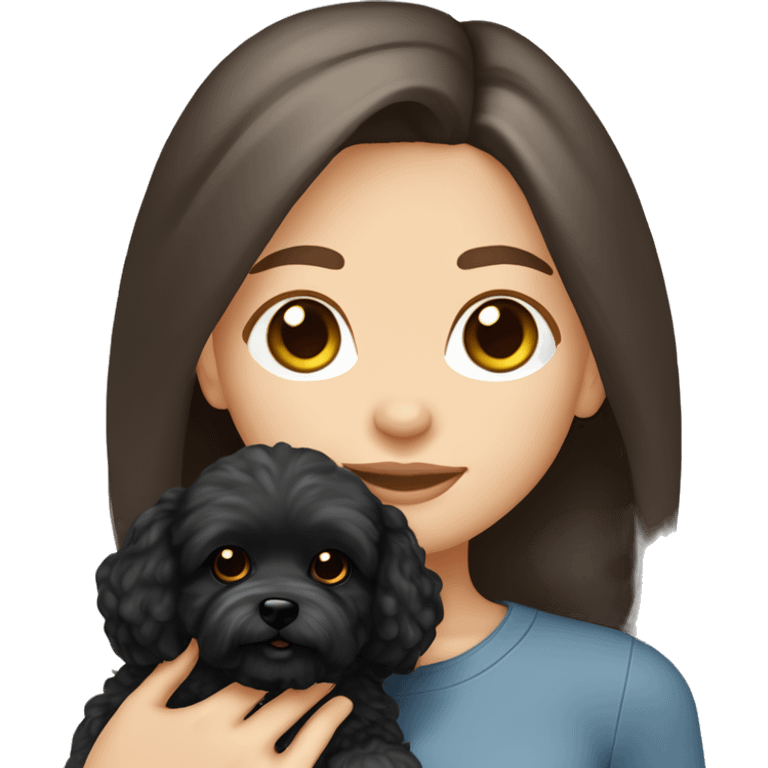 Caucasian Brunette girl long straight hair and hazel eyes, holding a black maltipoo emoji