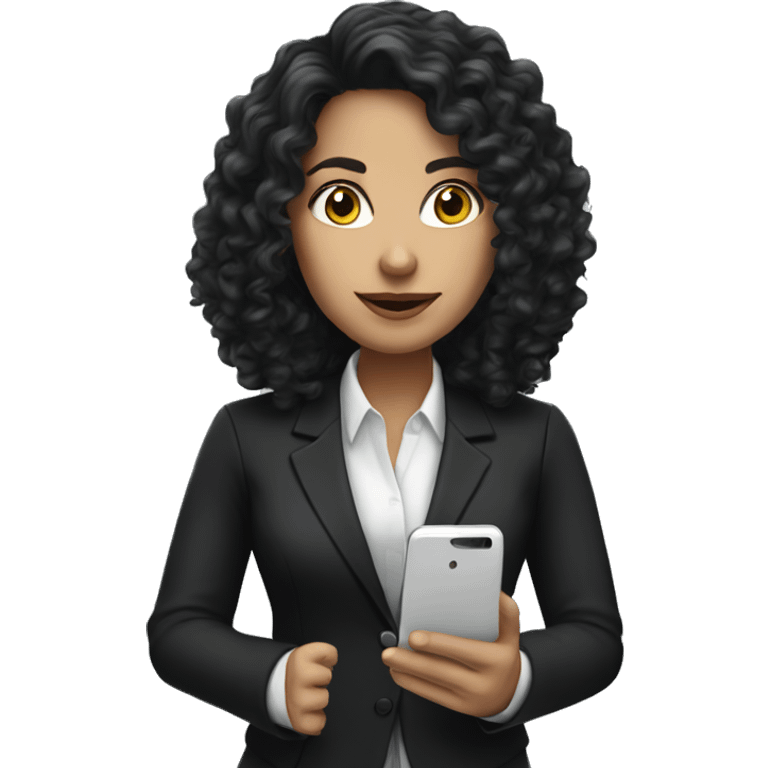 corporate white woman, long black curly hair, with a phone, black blazer  emoji