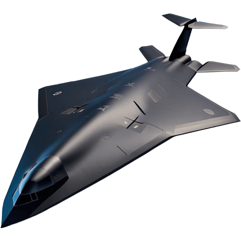 B-2 Spirit bomber - Northrop B-2 (Model Year: 2021) (Iconic colour: Stealth black) - A sleek, stealth bomber with smooth, angular contours and a matte jet-black finish. Emphasize a futuristic, minimalist design with a seamless fuselage, low-profile wings, and an overall intimidating stealth aesthetic. emoji