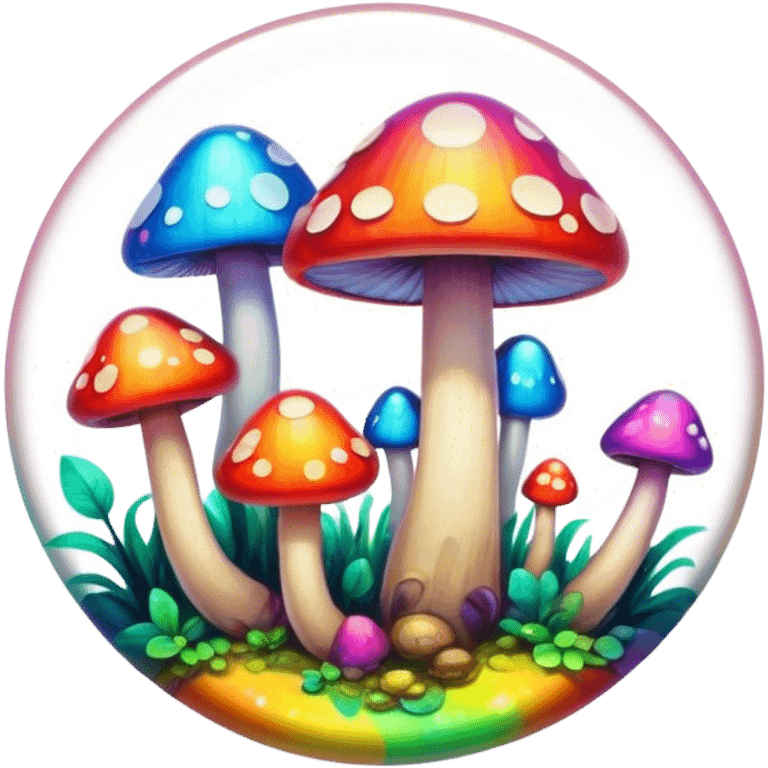 A round psychedelic colored button with bezeled edges and rainbow colored mushrooms emoji