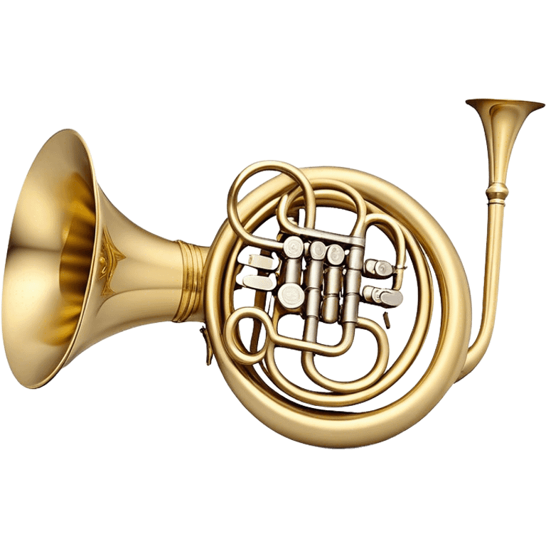 Create a refined and elegant emoji representing the Arnolds & Sons AHR-350 horn. The design should feature the instrument's beautifully coiled brass body with its distinct flared bell, showcasing the high-quality craftsmanship. Include delicate details like the tuning valves, finger buttons, and elegant brass finish. Add subtle musical notes around the horn to symbolize its melodic sound. Use warm golden and brass tones to convey the luxury and professional quality of the instrument. The background should be transparent emoji