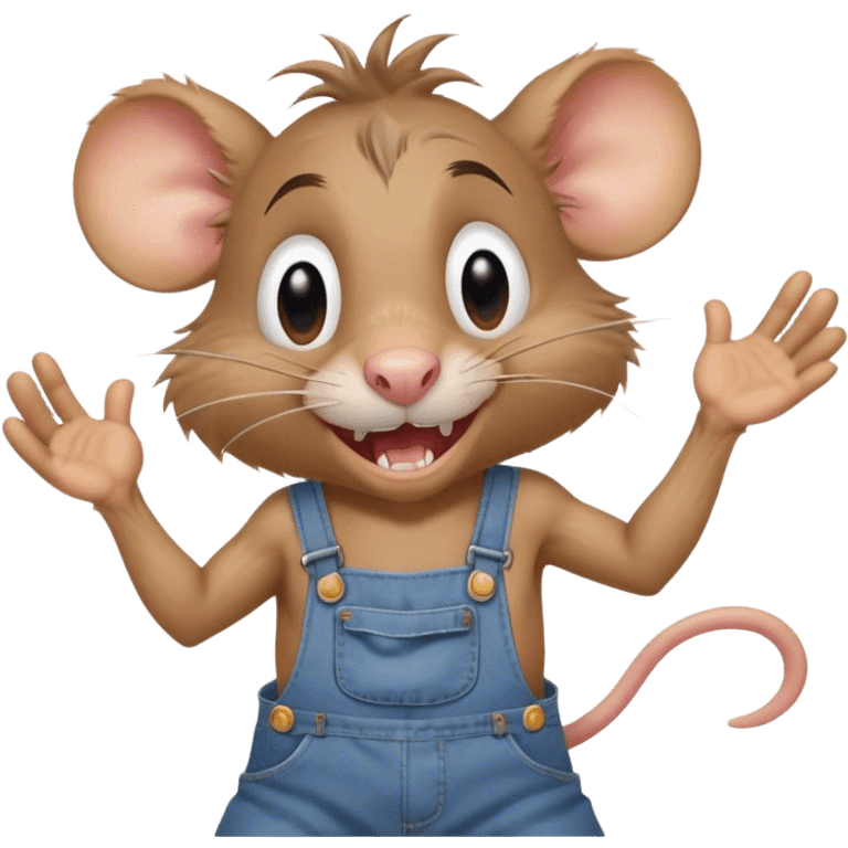 disheveled dizzy cartoon hillbilly rat wearing overalls no shirt. standing and talking full body. human eyes. teeth showing talking. walking talking moving arms. reacting emoji