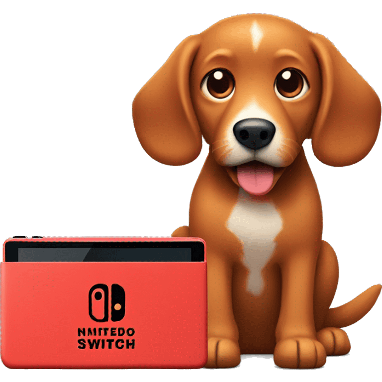 red dog with floppy ears holding a nintendo switch emoji