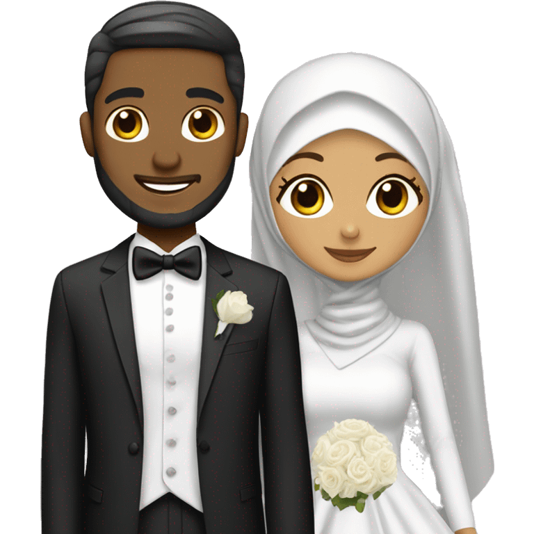 Hijabi modest bride next to white groom in tux emoji