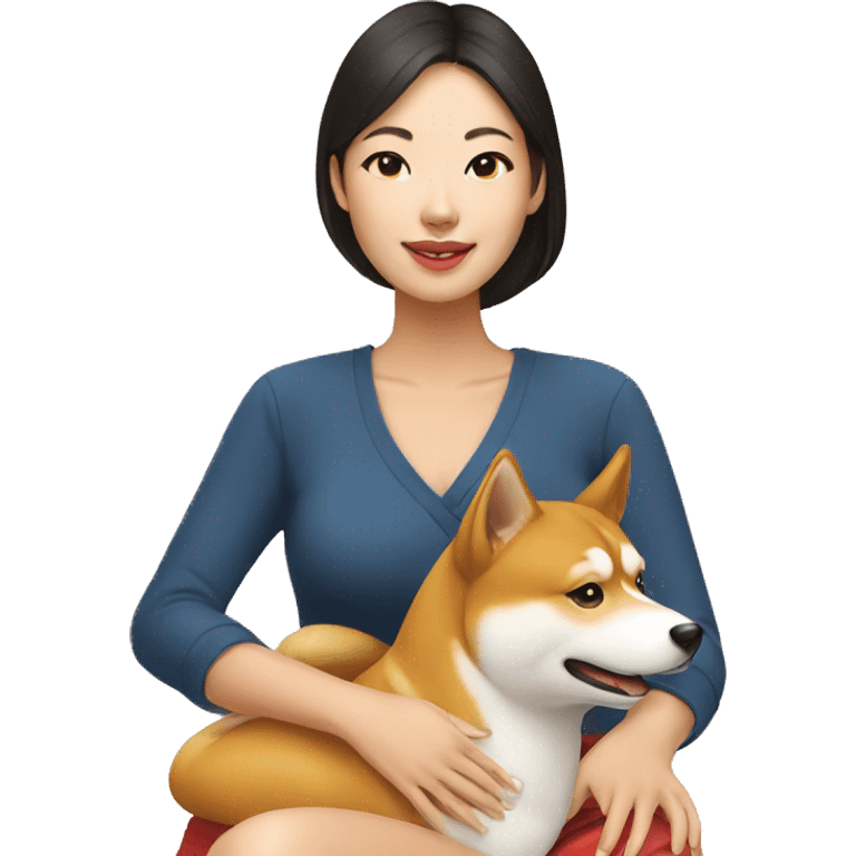 Thai woman with Shiba Inu on lap emoji