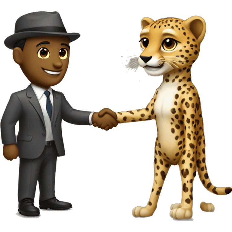 A cheetah in a classic suit shakes hands with a man  emoji