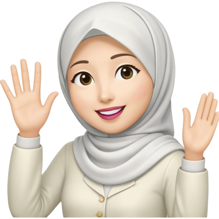 Asian white woman hijab, her hijab color is white, her face is small oval, her face is firm, her lips are pink, her eyes is shining, her face looks happy and excited, her eyes are also smiling, her outfit color is white. Generate emoji that show full body and her left hand is waving to the left emoji