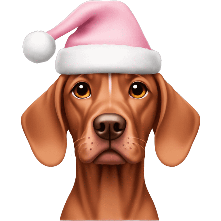 A vizsla dog with a light pink Christmas hat emoji