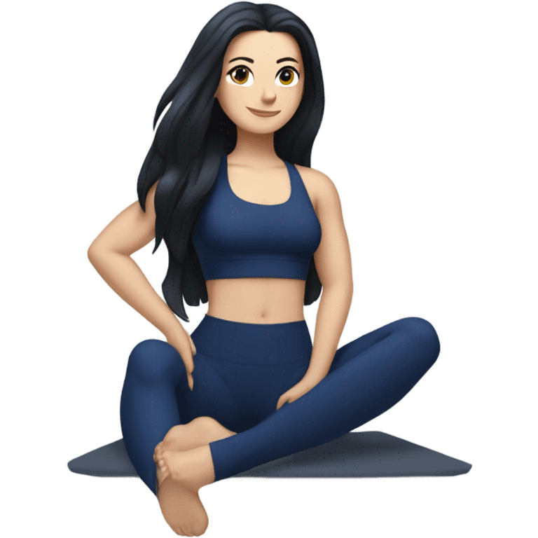 full body Pilates white girl long black hair navy blue wear emoji