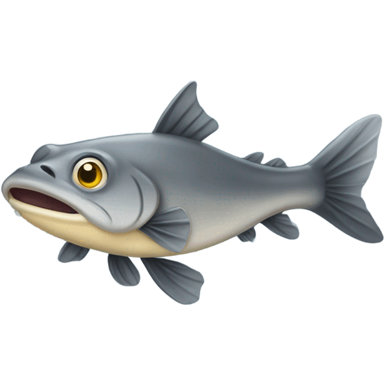 catfish emoji with a smooth, rounded body, long whiskers, and expressive eyes. The fish is slightly curved, giving it a dynamic and playful look. Its fins are well-defined, and its color is a mix of gray and yellowish highlights, adding depth emoji