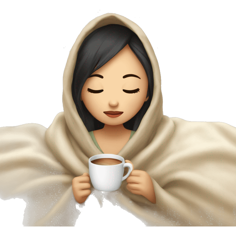 asian girl inside a blanket sipping coffee eyes closed emoji