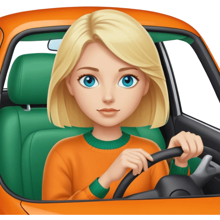 Cinematic realistic blonde with blue eyes, dressed in a green sweater, driving an orange car emoji