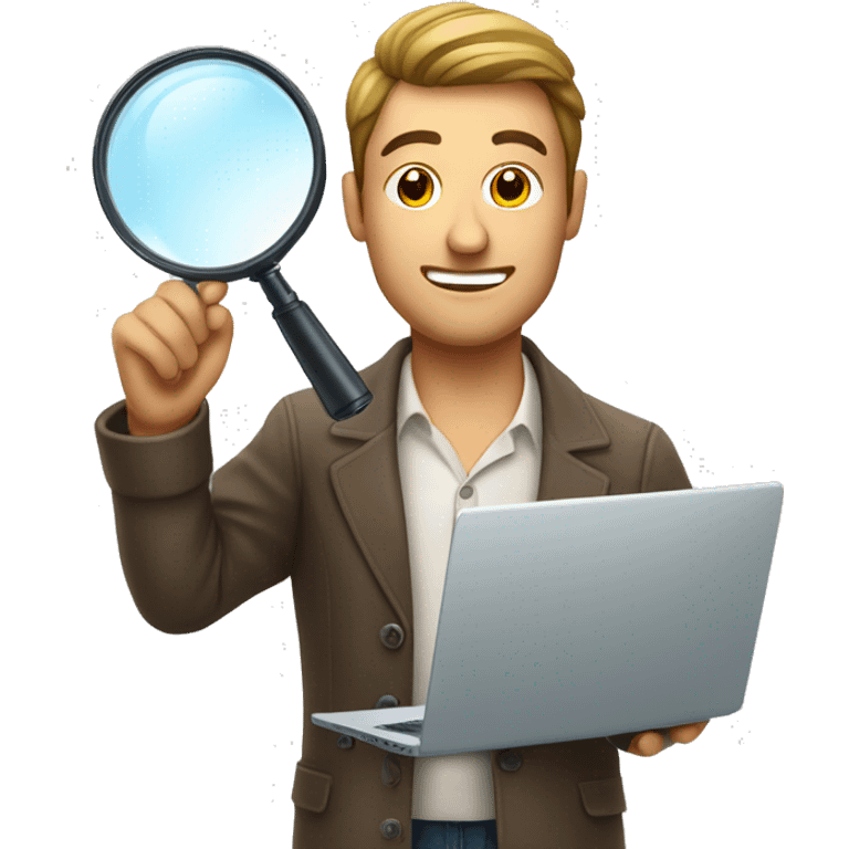 handsome man looking at a laptop through a magnifying glass emoji