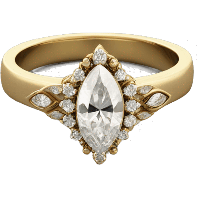 A marquise diamond ring with a vintage floral halo, small diamonds around the center stone, and a thin gold band.  Elegant and timeless.  With a men’s gold wedding band.  emoji