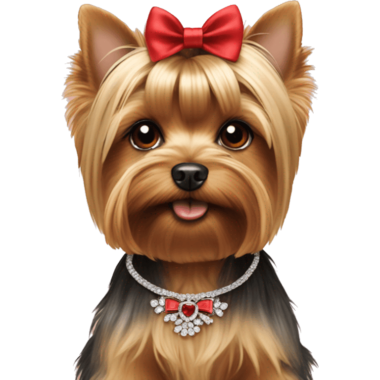 Yorkie face with red bow on hair on top of head and a necklace that says Prada emoji