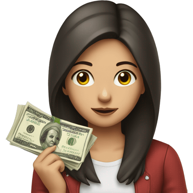 brunette girl holding money in face emoji