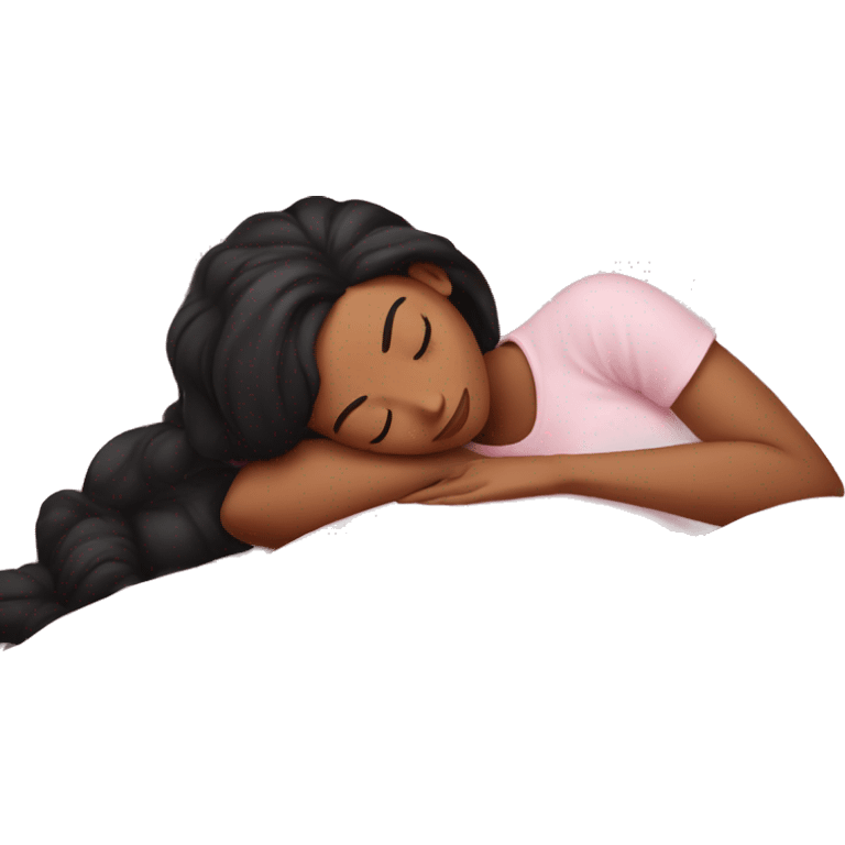 Sleeping woman laying with light brown skin and black hair laying on white pillow pink covers cozy emoji